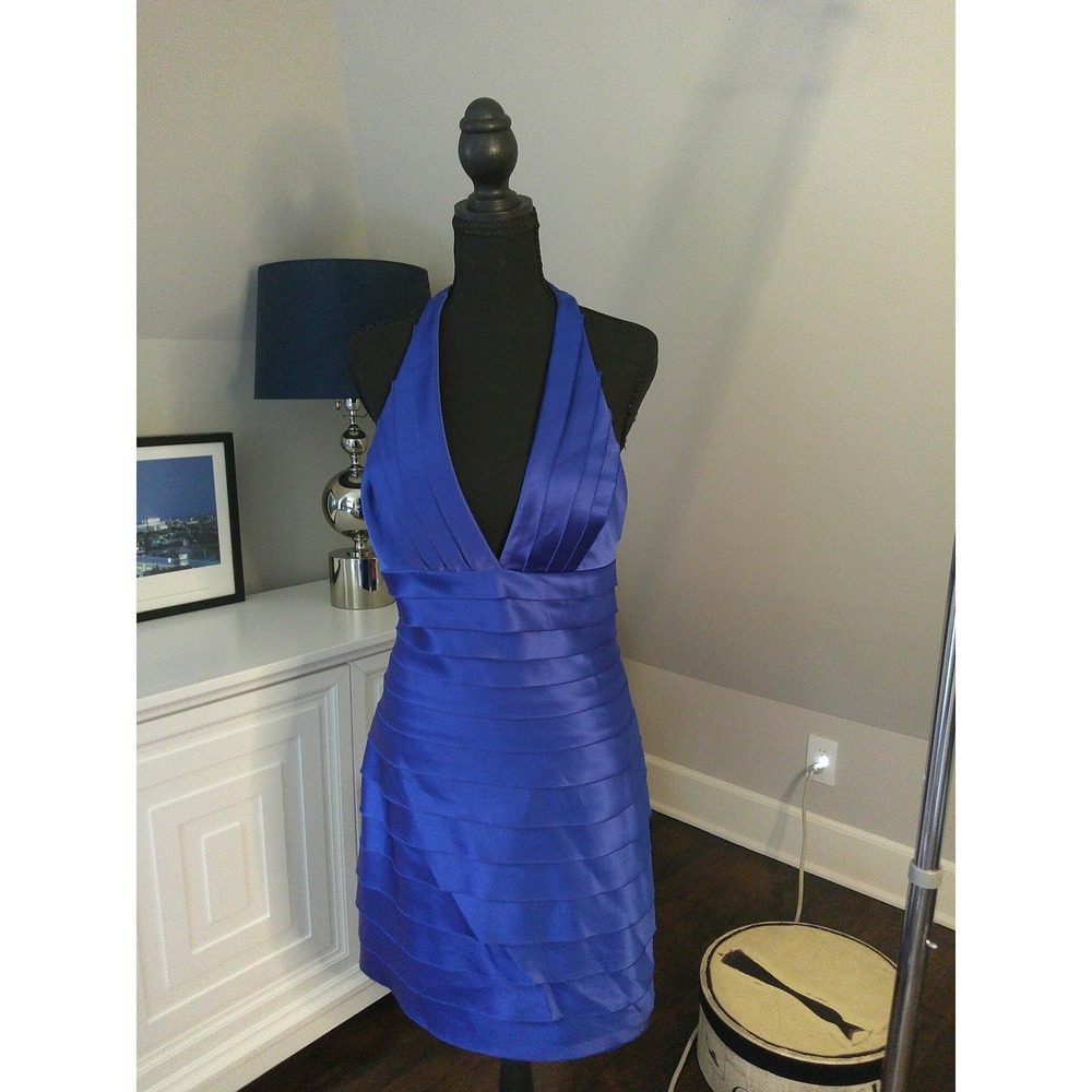 BCBGMAXAZRIA Cocktail‎ Dress Womens 8 Blue Good Satin Tiered Halter Mini